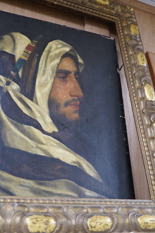 Late 19th / early 20th century, English School, Portrait of an Arab, unsigned, oil on canvas, stamp verso, in frame, 50 x 40cm